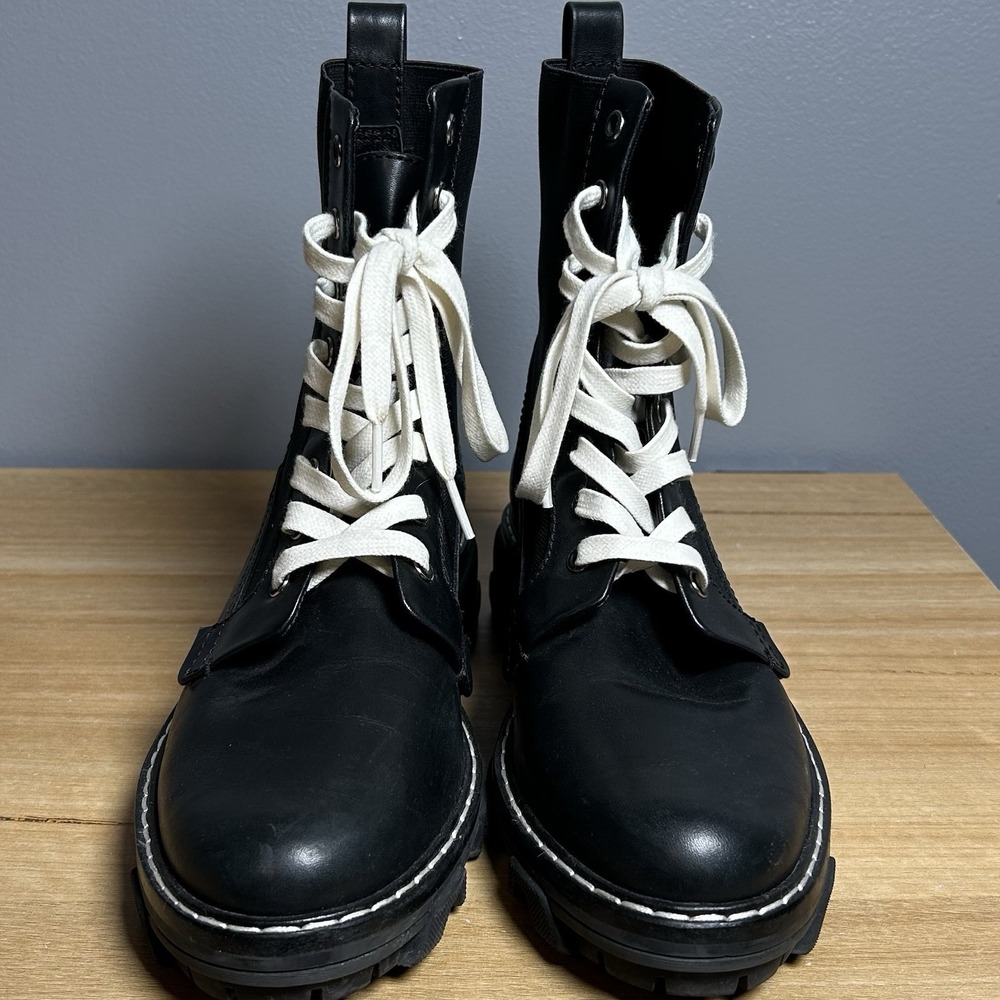 Rag & Bone Black Leather Elastic Sides White Laces Shiloh Combat Ankle Boots - Picture 2 of 6